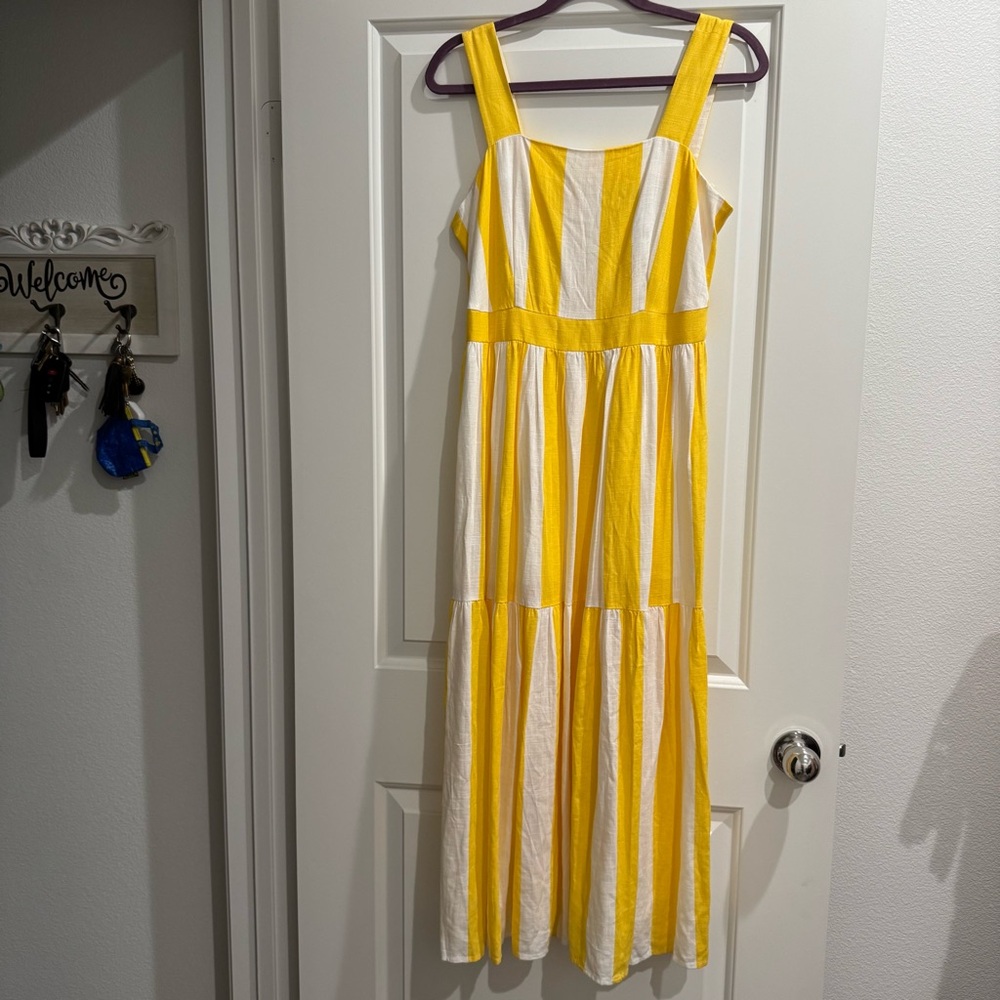 Ann Taylor Linen Dress Sz 6 Striped Yellow White Square Neck Midi Nautical - Picture 4 of 9